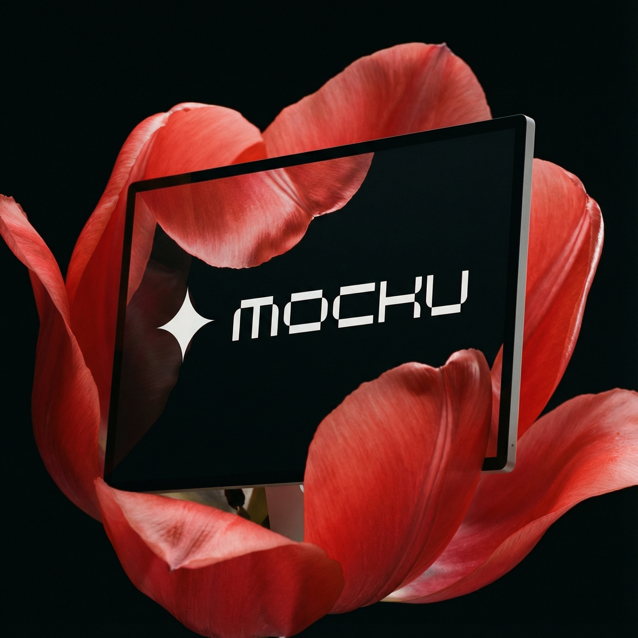 Apple Studio Display Crimson Tulip Petals On Black mockup