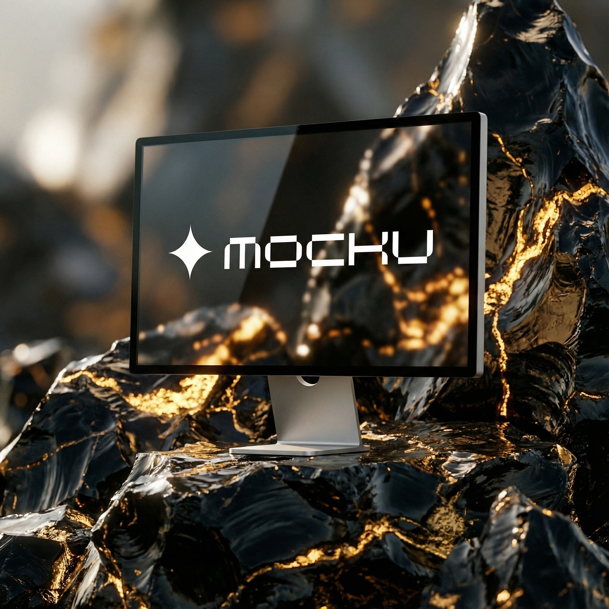 Apple Studio Display Obsidian Gold Mineral Scene mockup