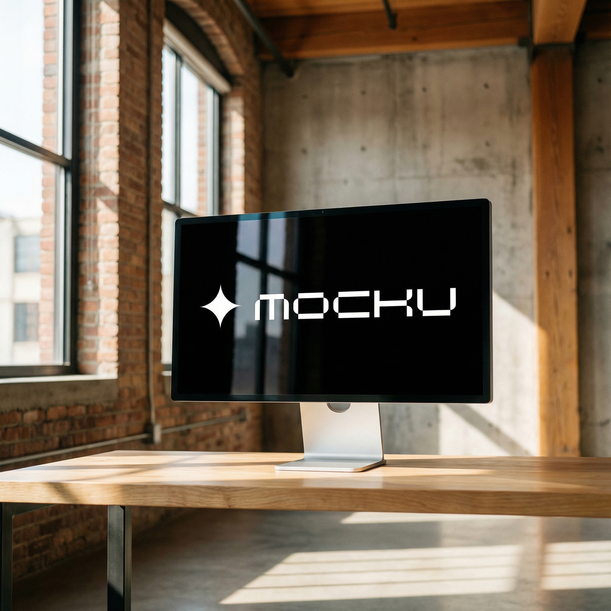 Apple Studio Display Designer Loft Brick Concrete Wood mockup