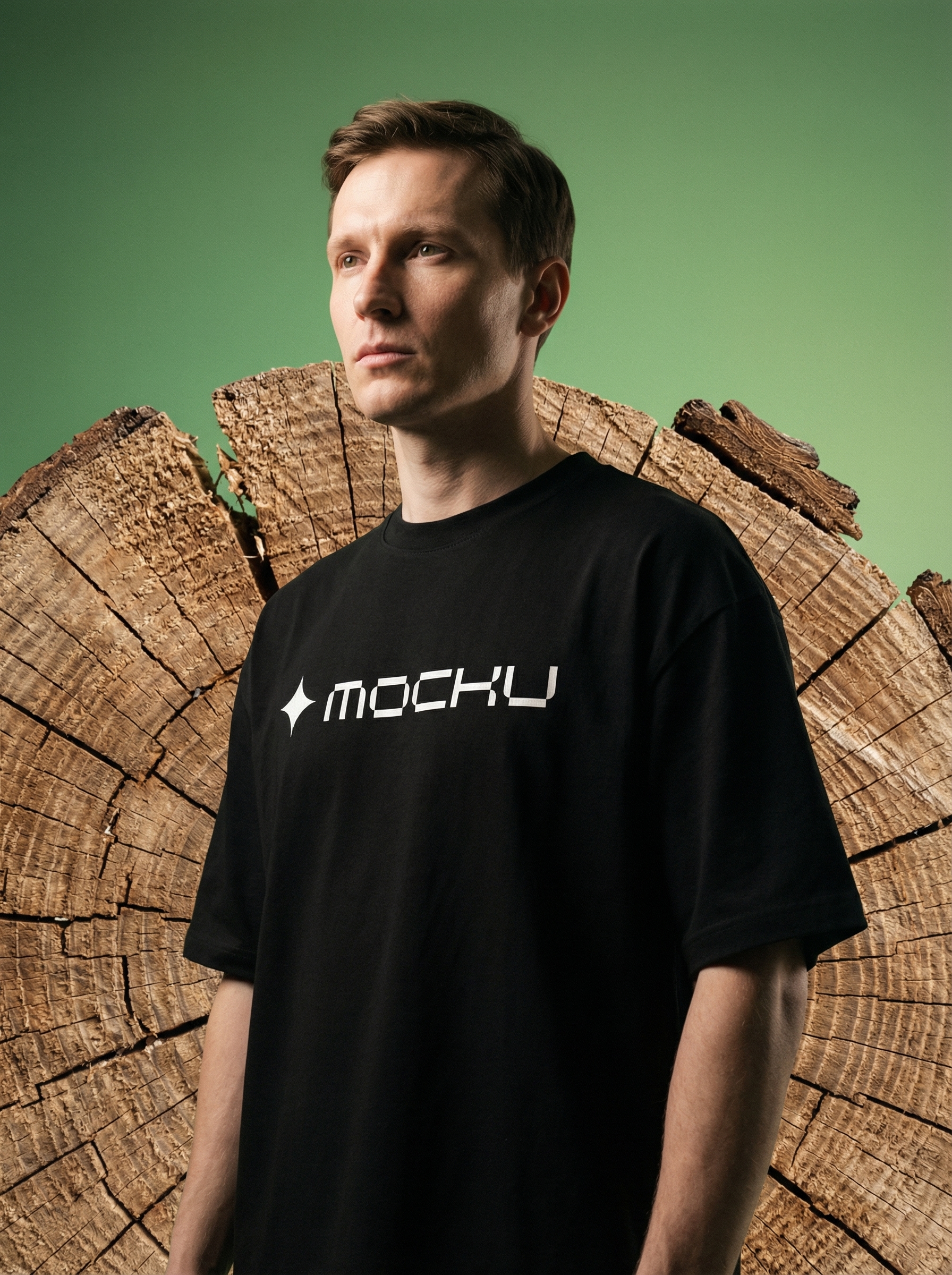 T-Shirt Broken Tree Stump On Green Gradient mockup