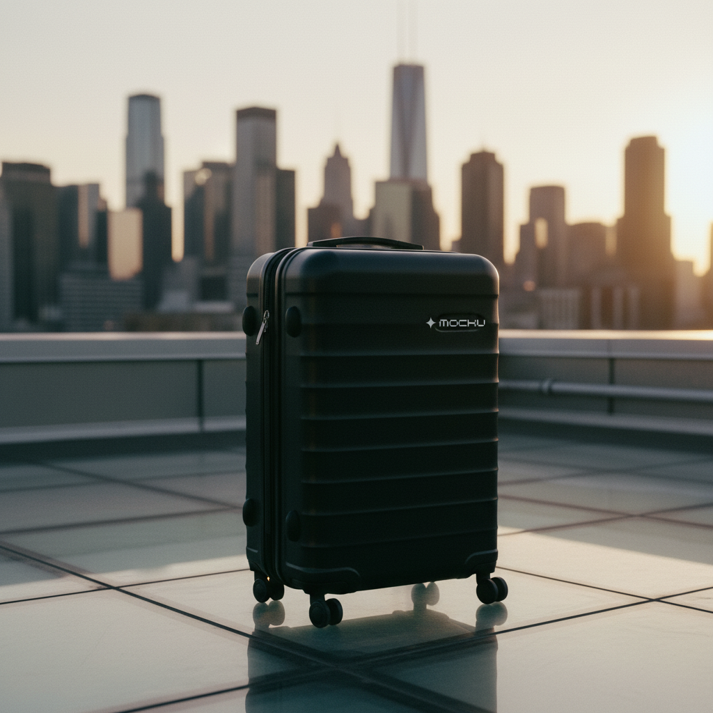 Rolling Travel Suitcase New York Rooftop Sunset mockup