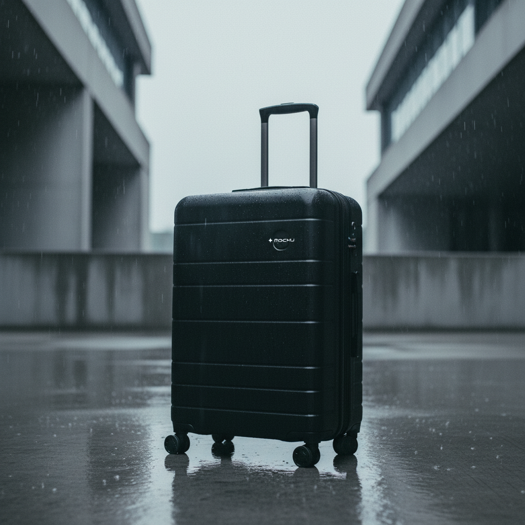 Rolling Travel Suitcase Brutalist Concrete Rain mockup