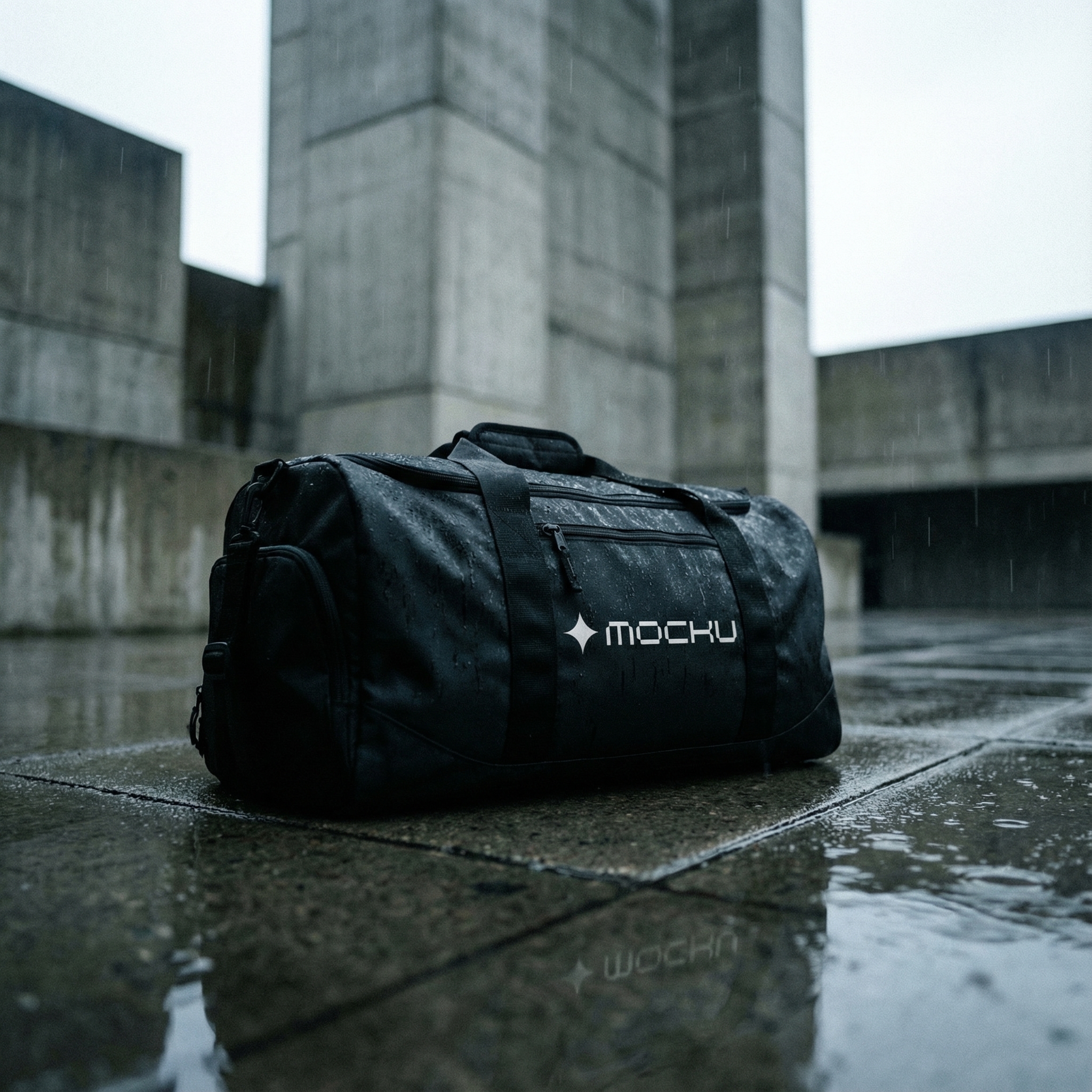 Large Sports Duffel Bag Brutalist Concrete Rain mockup