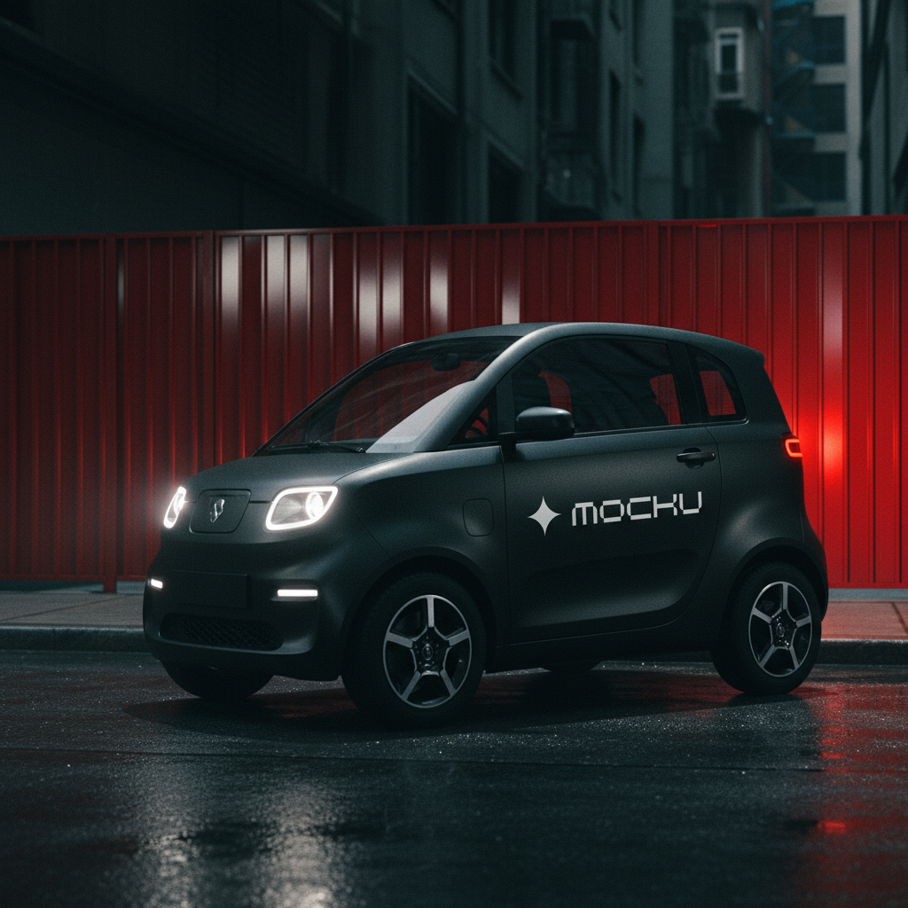 Small Courier Car Red Fence Night Glow mockup