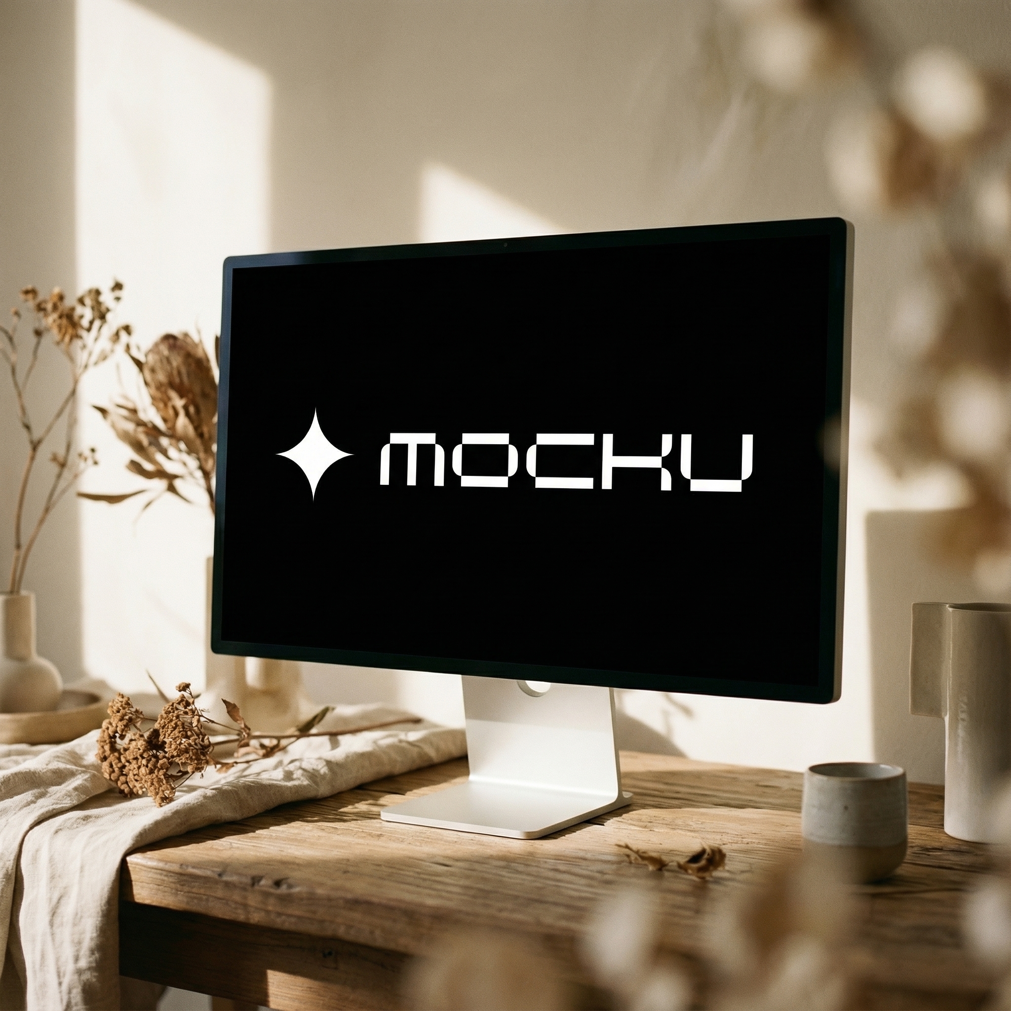 Apple Studio Display Warm Botanical Editorial mockup