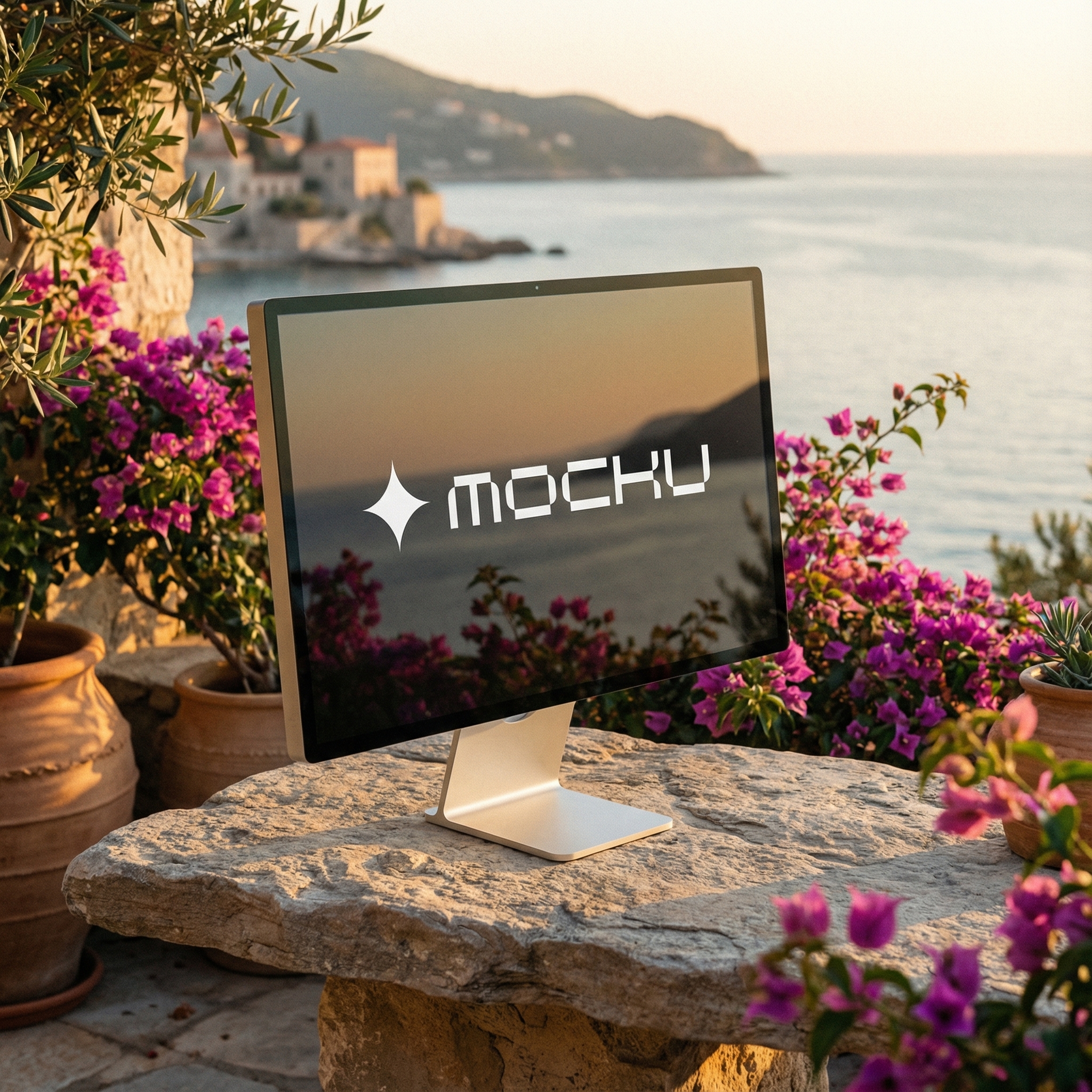 Apple Studio Display Mediterranean Sunset Lifestyle mockup