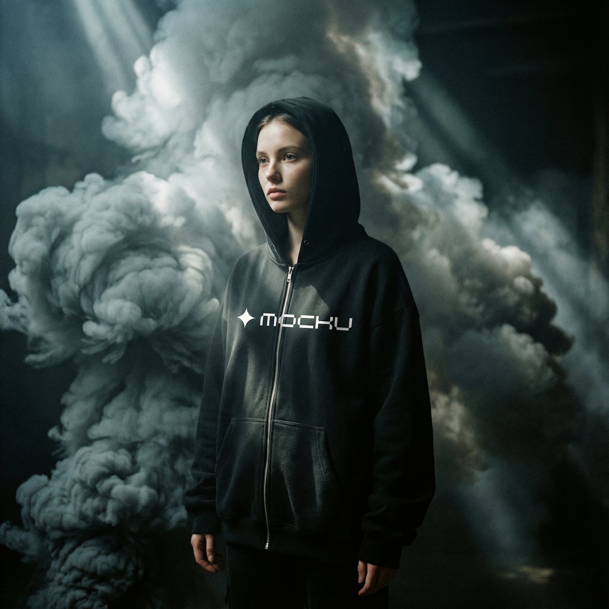 Zip Hoodie Smoke Forms Light Beams mockup
