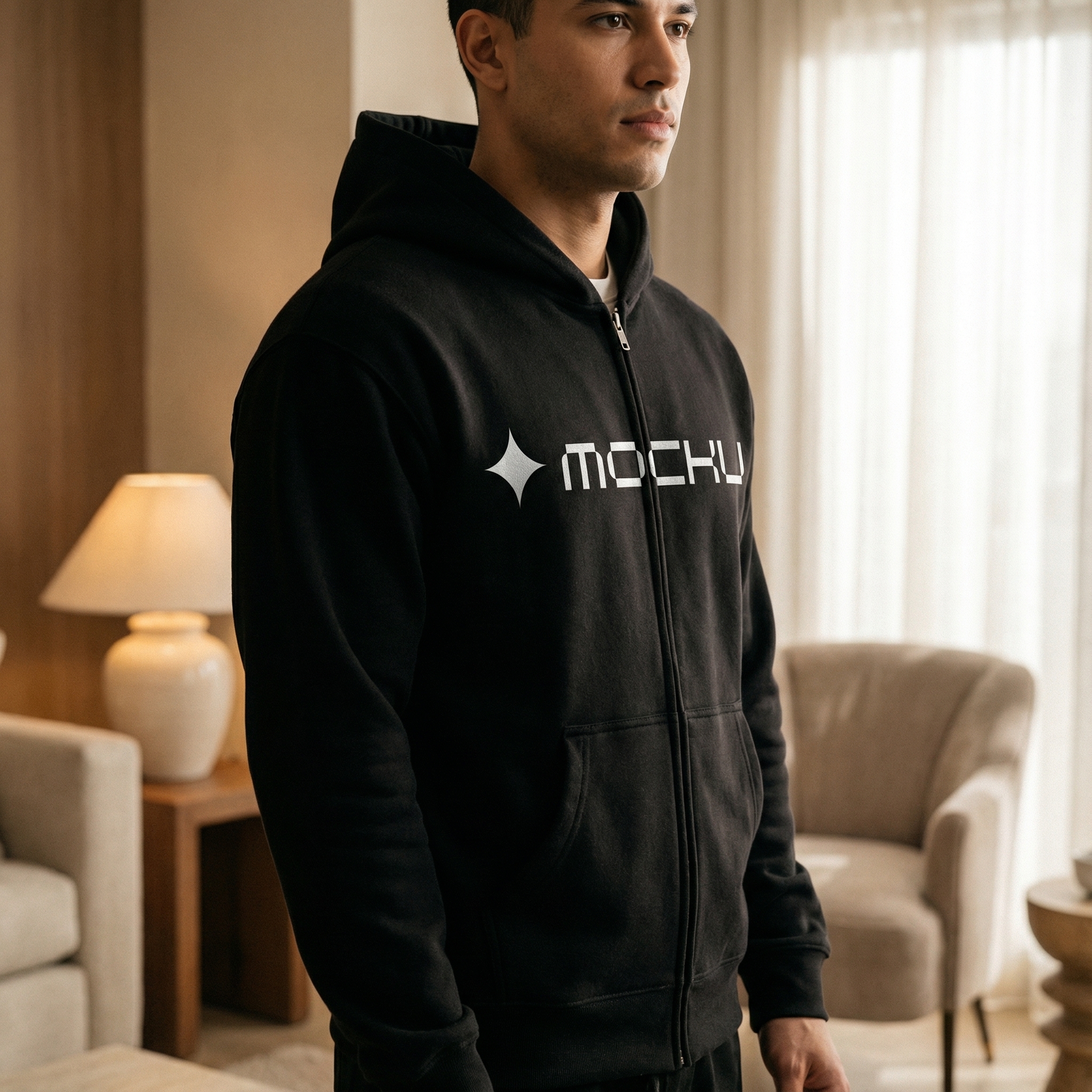 Zip Hoodie Premium Lifestyle Interior mockup