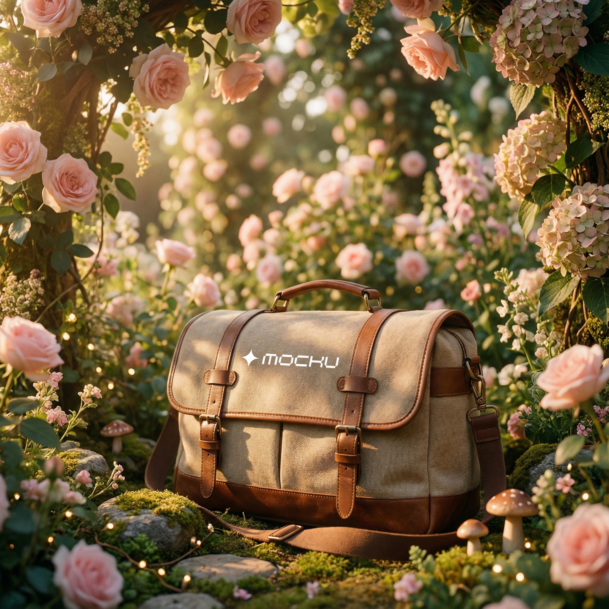 Buckled Travel Bag Garden Fantasy Lifestyle Scene mockup