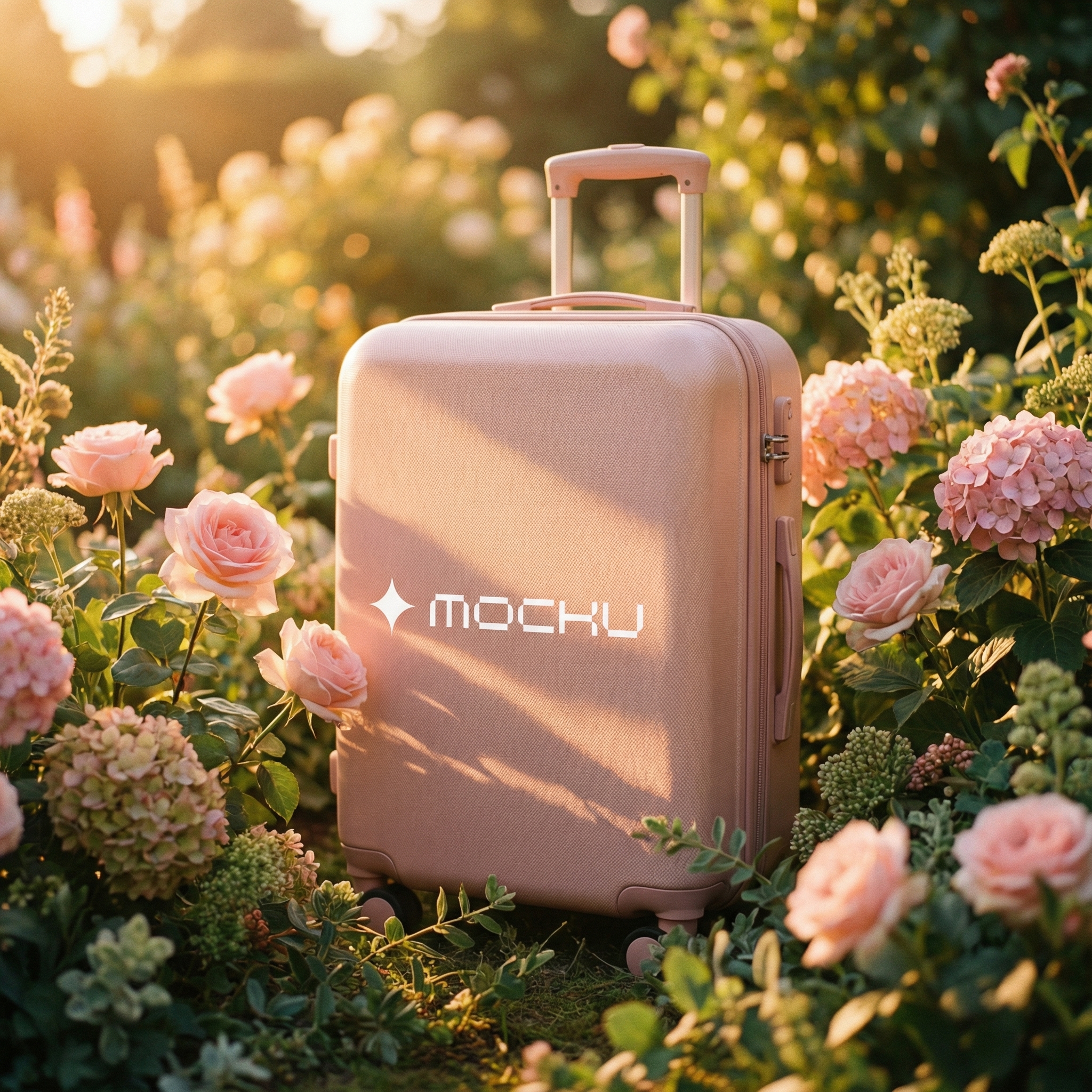 Rolling Travel Suitcase Garden Fantasy Lifestyle Scene mockup
