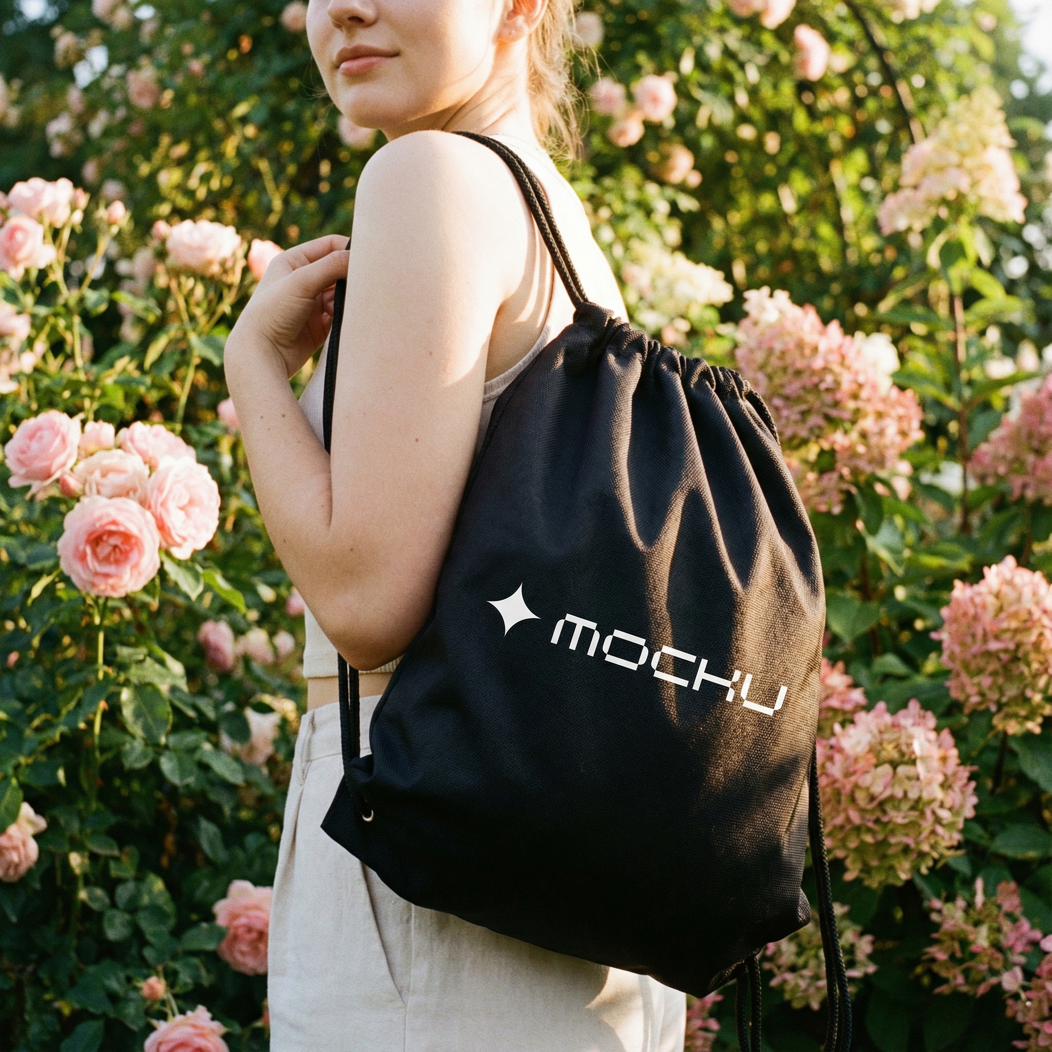 Gym Drawstring Bag Garden Fantasy Lifestyle Scene mockup